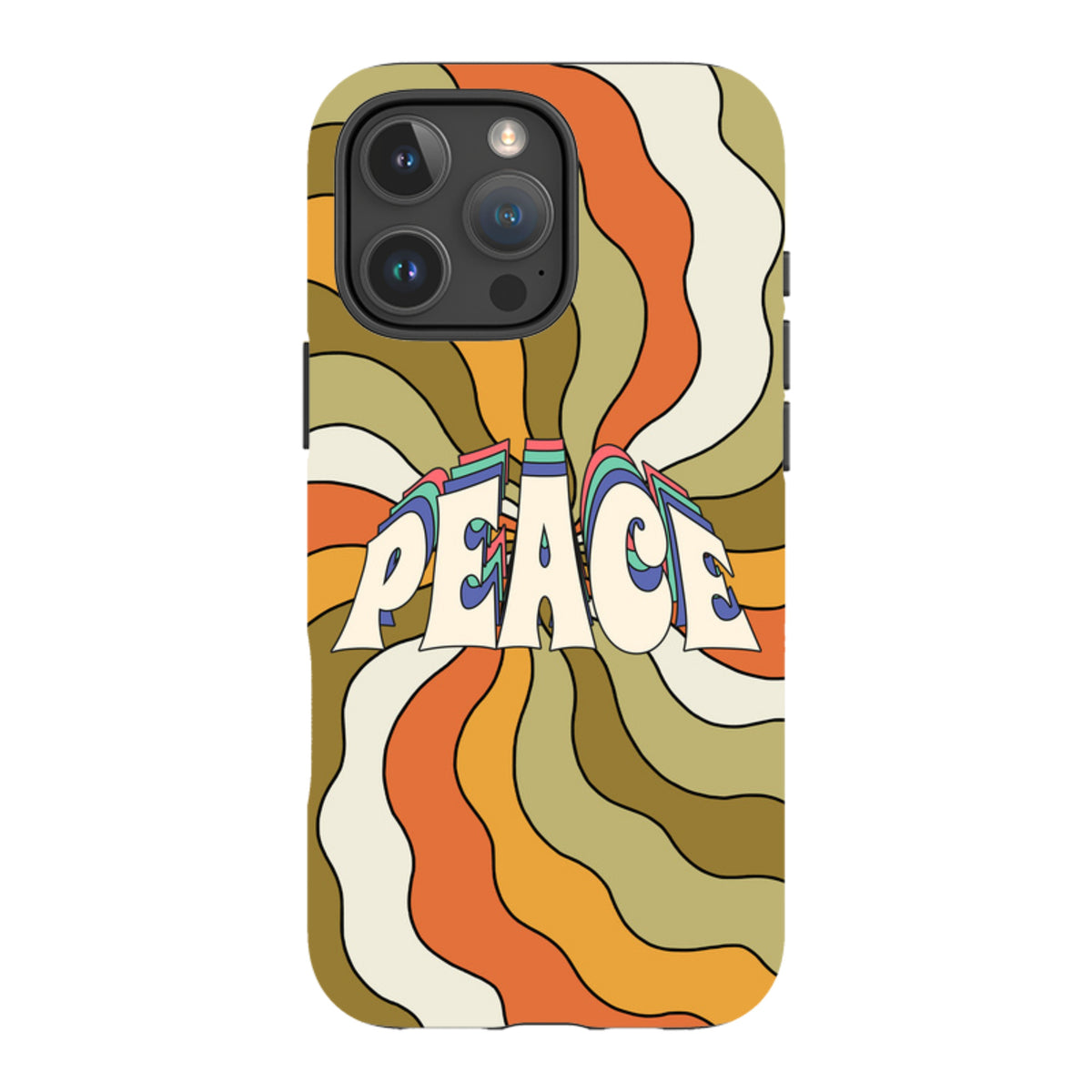 iPhone tough case with retro wavy orange, olive, and cream stripes and a bold, layered Peace graphic design.