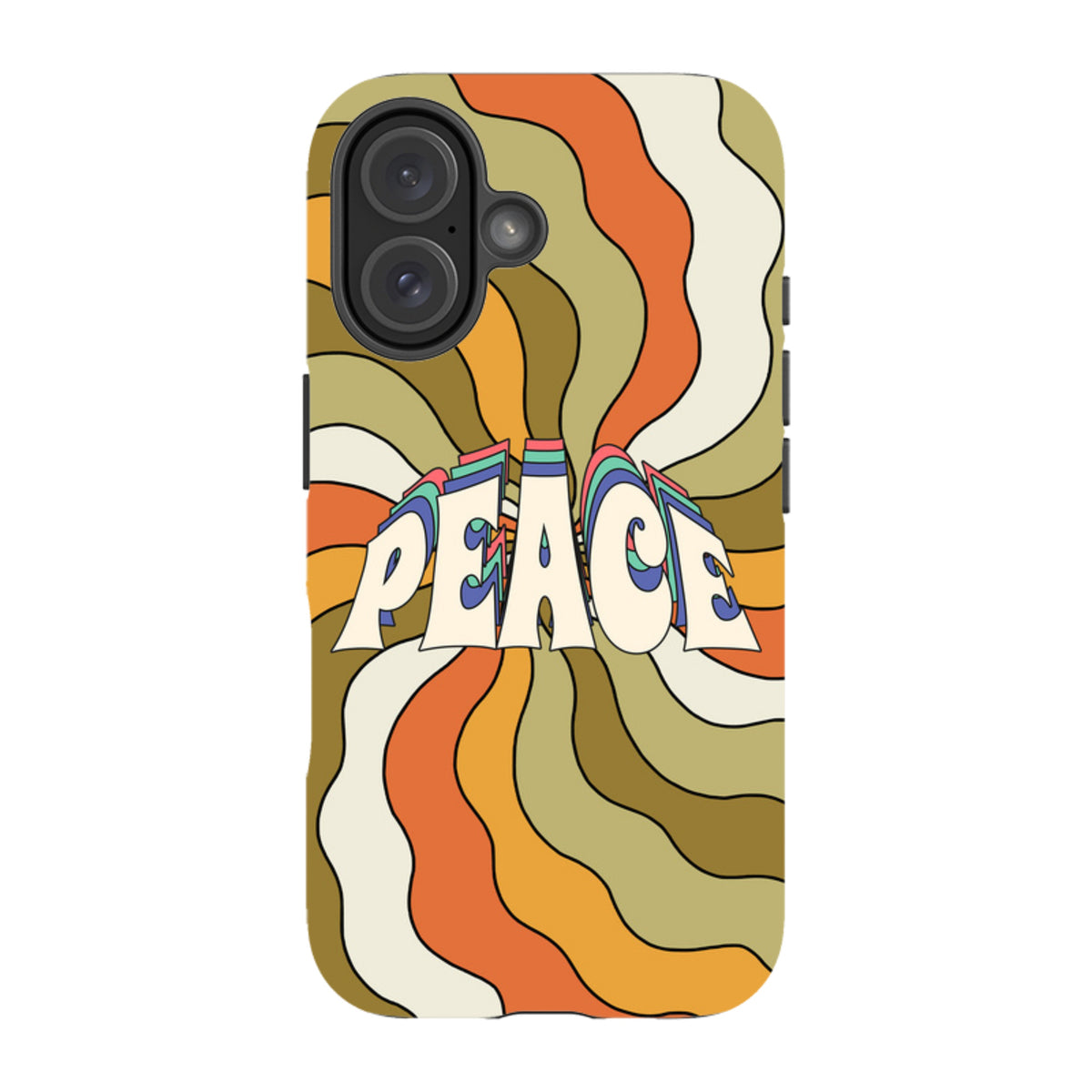 Dual-layer iPhone tough case with retro orange and olive wavy stripes and a bold Peace graphic print.