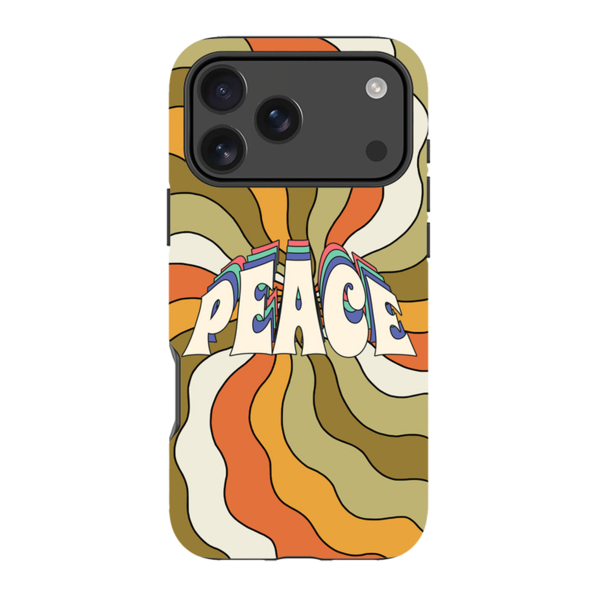 iPhone tough case with a retro 70s-style Peace B design featuring wavy orange, olive, and cream stripes.
