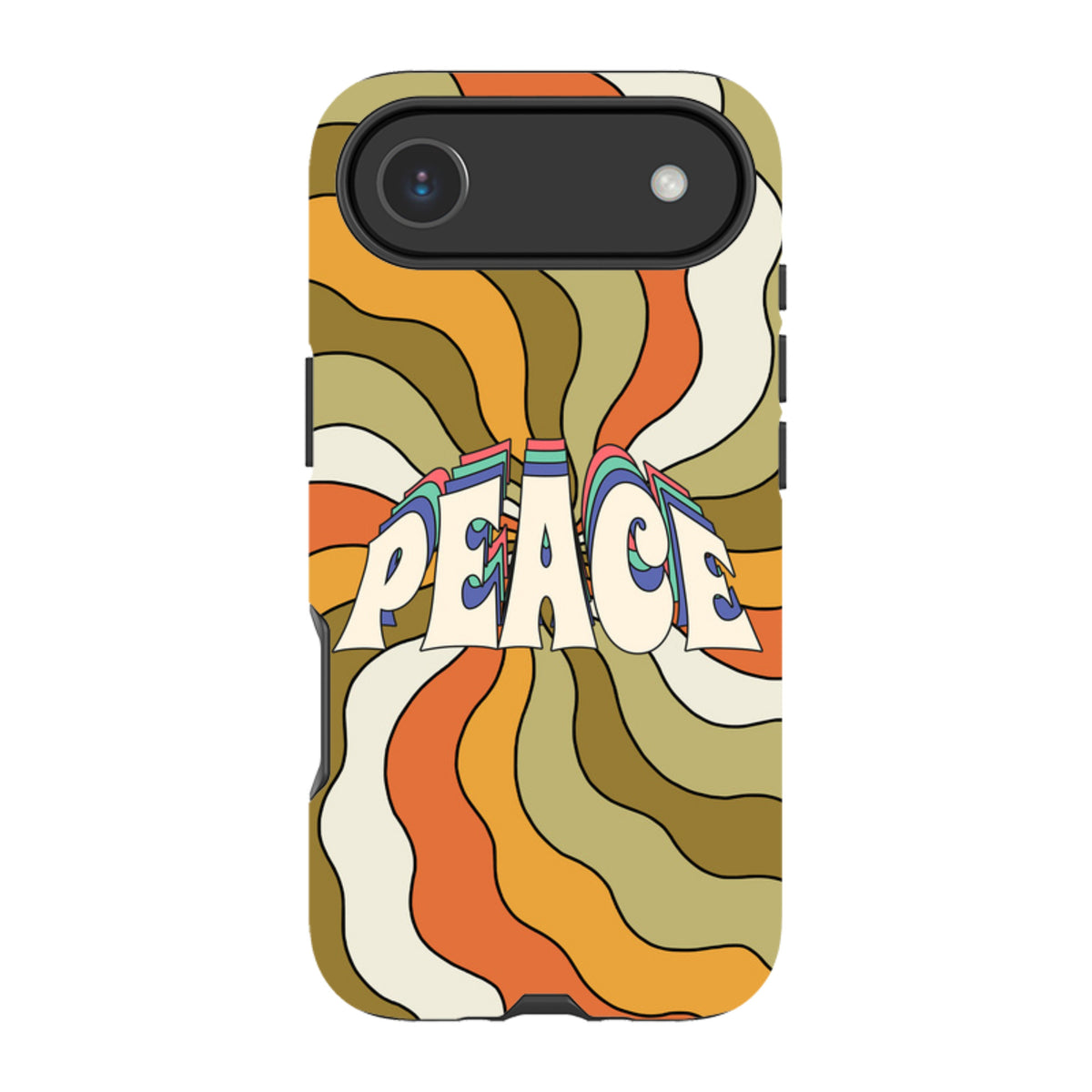 iPhone Tough Case featuring a retro 70s-style orange and olive green swirl pattern with the word Peace in bold lettering.