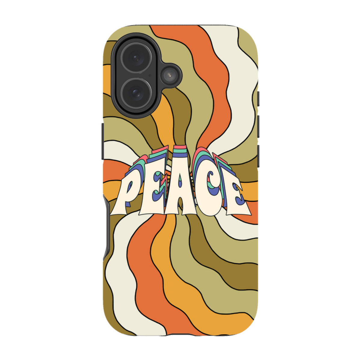 iPhone tough case with a retro wavy orange and olive green swirl pattern and the word Peace in a vintage font.