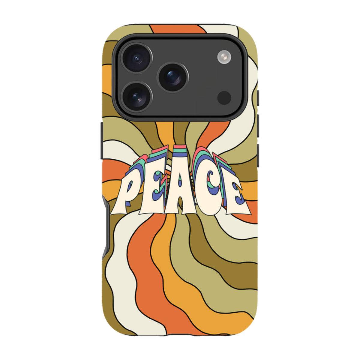 iPhone tough case with retro 70s wavy orange and olive green stripes and a bold Peace graphic.