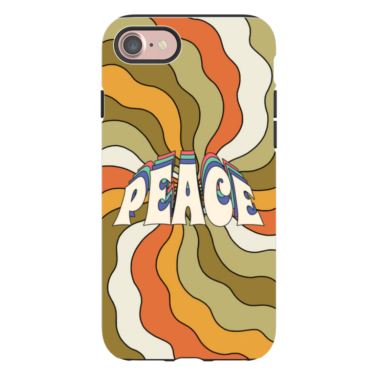 iPhone tough case with a retro 70s-style wavy orange, olive, and cream swirl pattern and centered Peace text.
