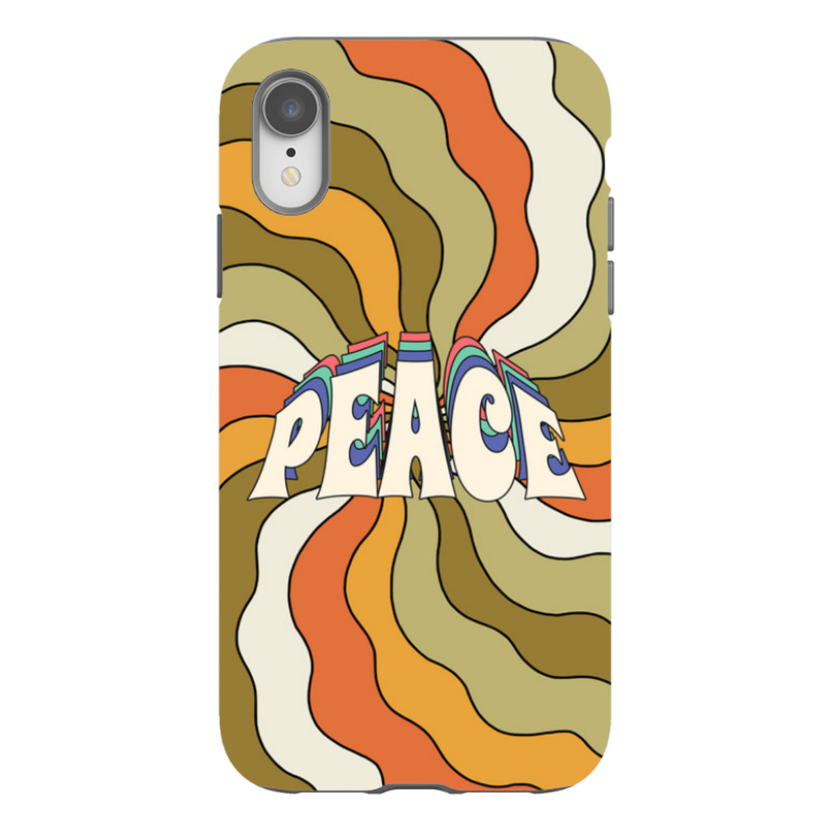 iPhone tough case with a 70s-style retro swirl pattern in orange, olive, and cream featuring the word PEACE in the center.