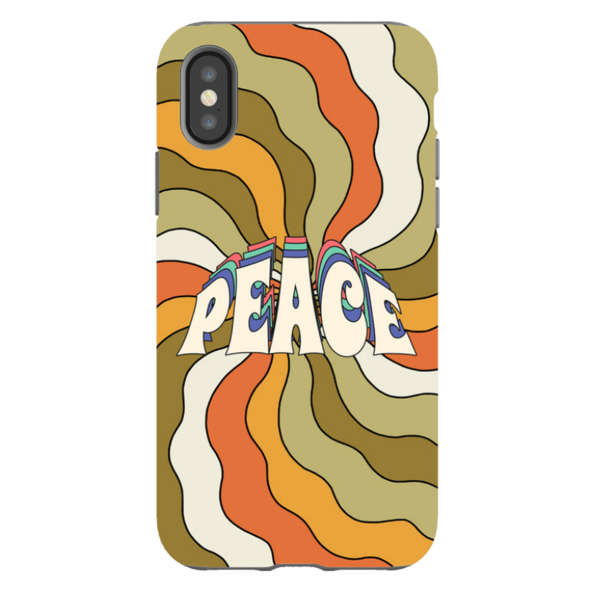 iPhone Tough Case featuring a retro 70s-style orange, olive, and cream swirl pattern with the word Peace in the center.