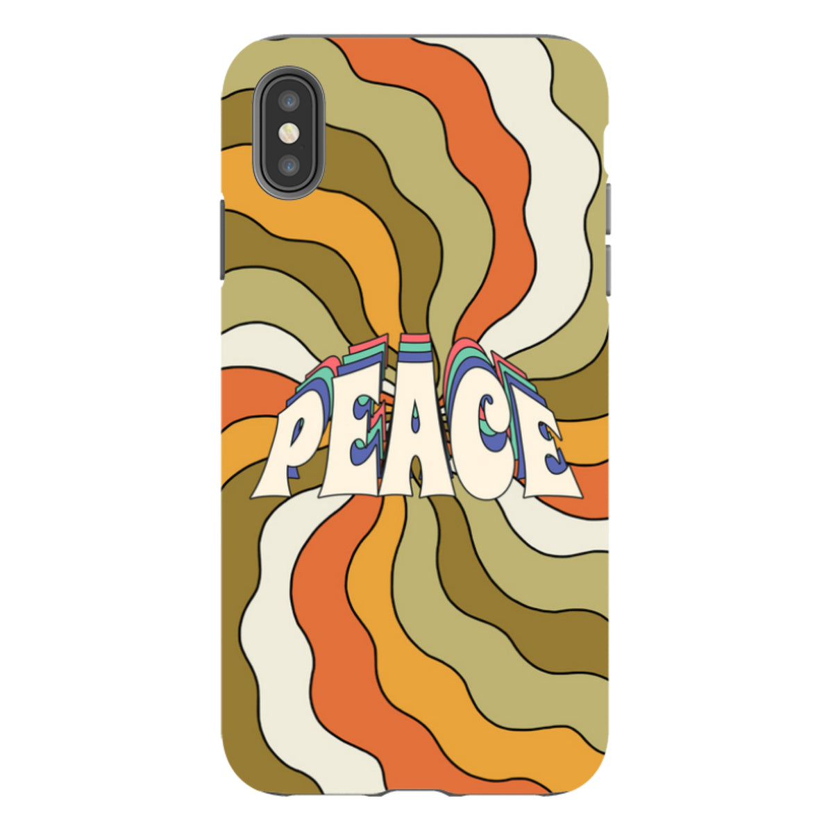 iPhone tough case with retro wavy orange, brown, and cream stripes and a bold Peace graphic in the center.