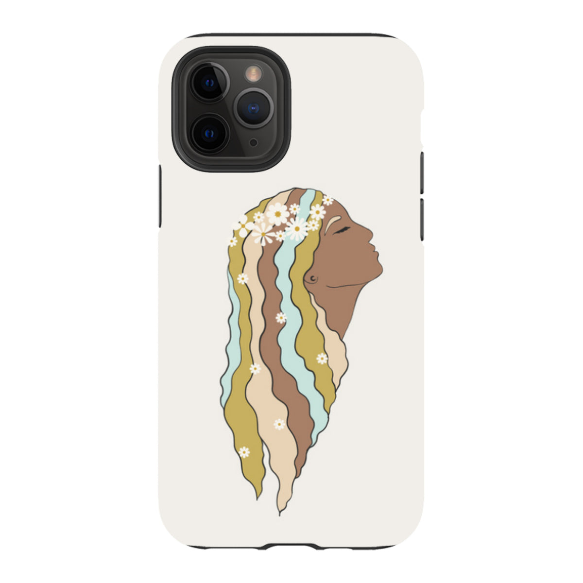 iPhone tough case featuring a woman with wavy, multi-colored hair and a daisy crown on a cream background.