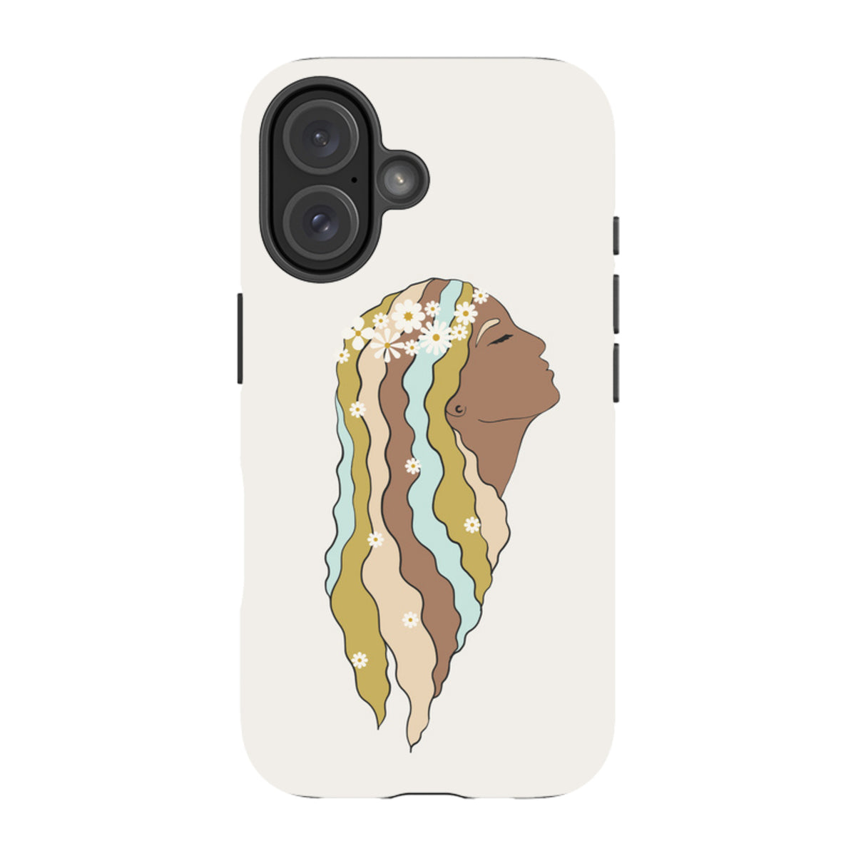 Cream-colored iPhone tough case featuring a woman with wavy, multi-colored hair and a daisy crown illustration.
