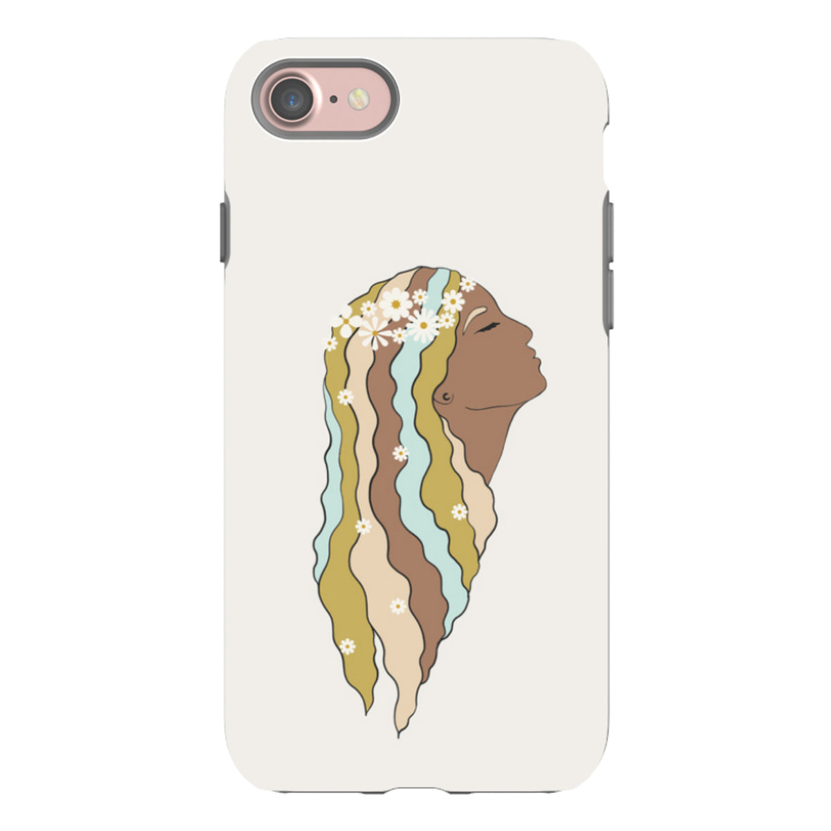 iPhone Tough Case featuring a woman with wavy, multi-colored hair and daisy flowers on a cream background.