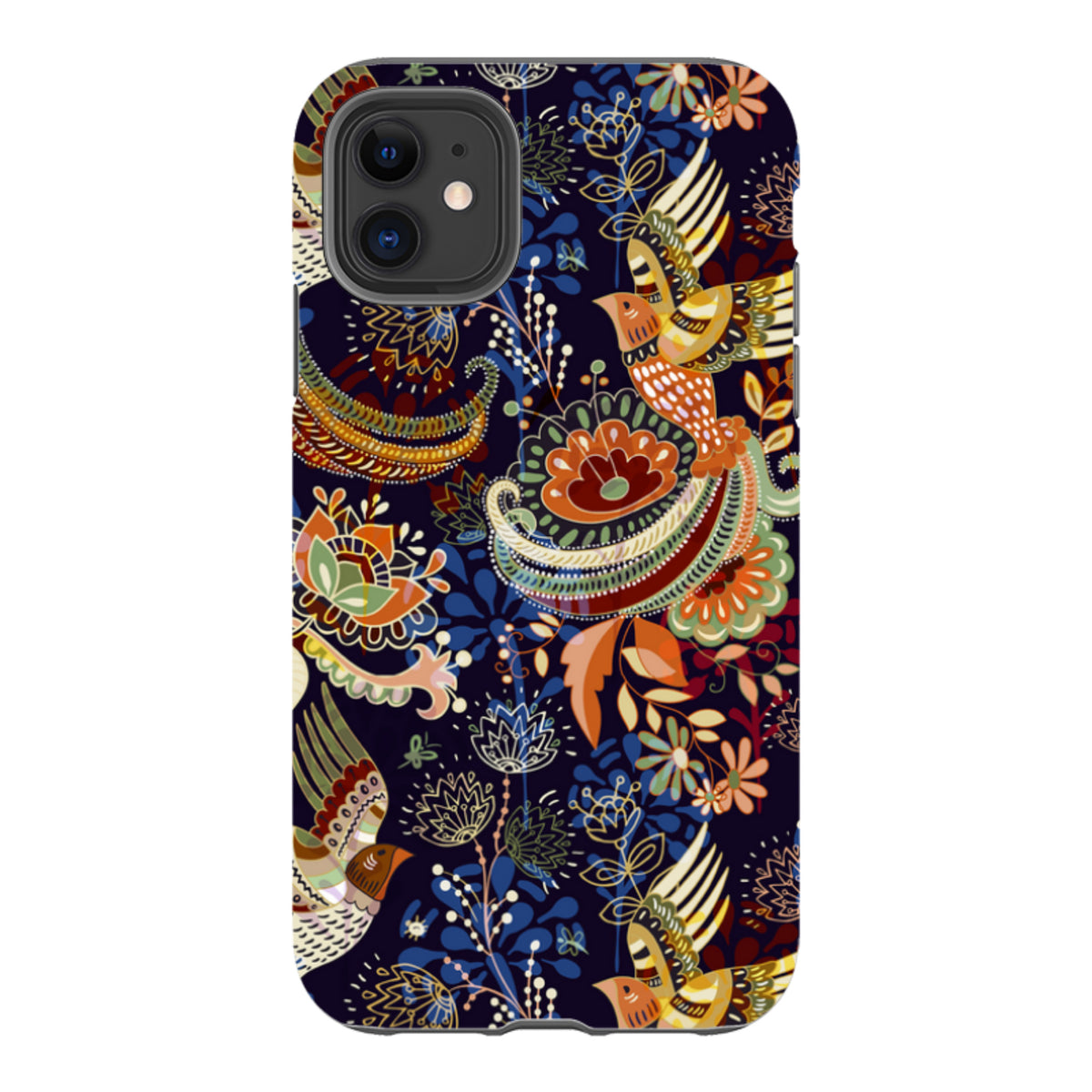 iPhone tough case featuring a dark blue background with colorful folk-art birds, flowers, and intricate paisley patterns.