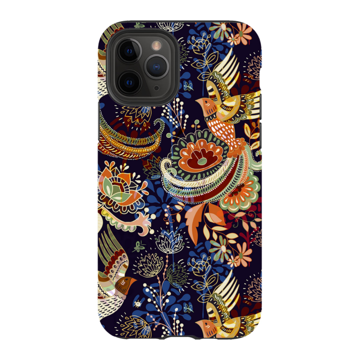 iPhone Tough Case in Peaslake design featuring a dark blue background with colorful folk-art birds and floral patterns.
