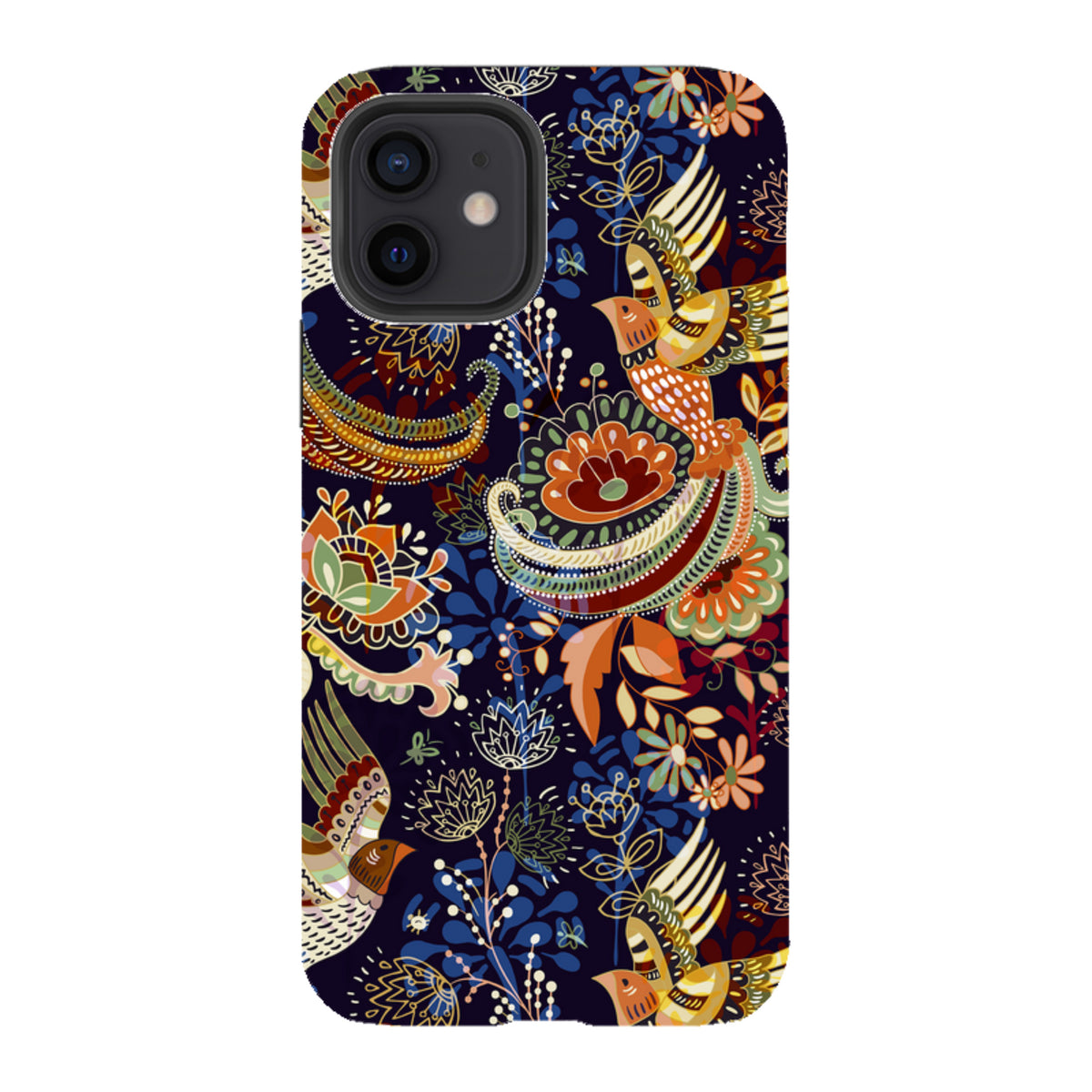 iPhone Tough Case in Peaslake design with a dark blue floral and bird pattern, featuring a dual-layer protective shell.