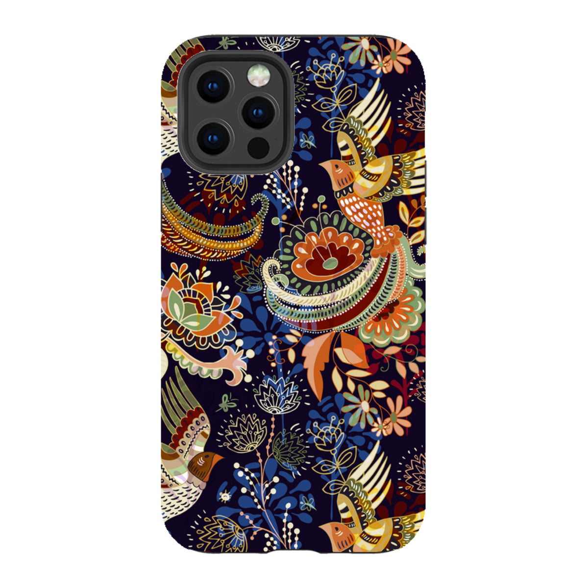 iPhone Tough Case in Peaslake design featuring a colorful, intricate folk-art bird and floral pattern on a dark background.