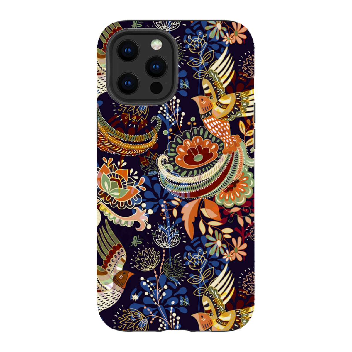 iPhone Tough Case in Peaslake design featuring a vibrant, colorful folk-art bird and floral pattern on a dark background.