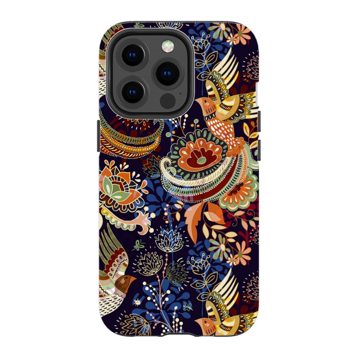 iPhone Tough Case in Peaslake design with a dark floral bird pattern and durable dual-layer protective shell.