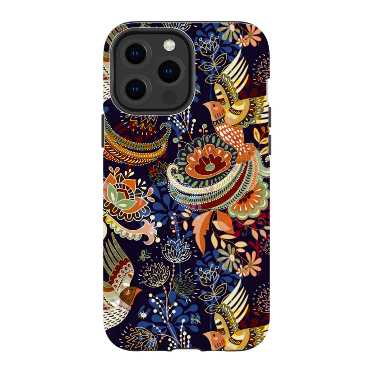 iPhone Tough Case in Peaslake design featuring a dark blue background with colorful folk-art birds and floral patterns.