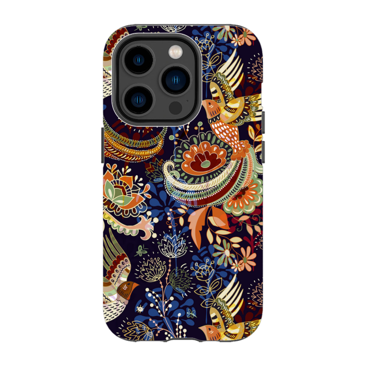 iPhone Tough Case in Peaslake design featuring a dark blue background with colorful folk-art birds and floral patterns.
