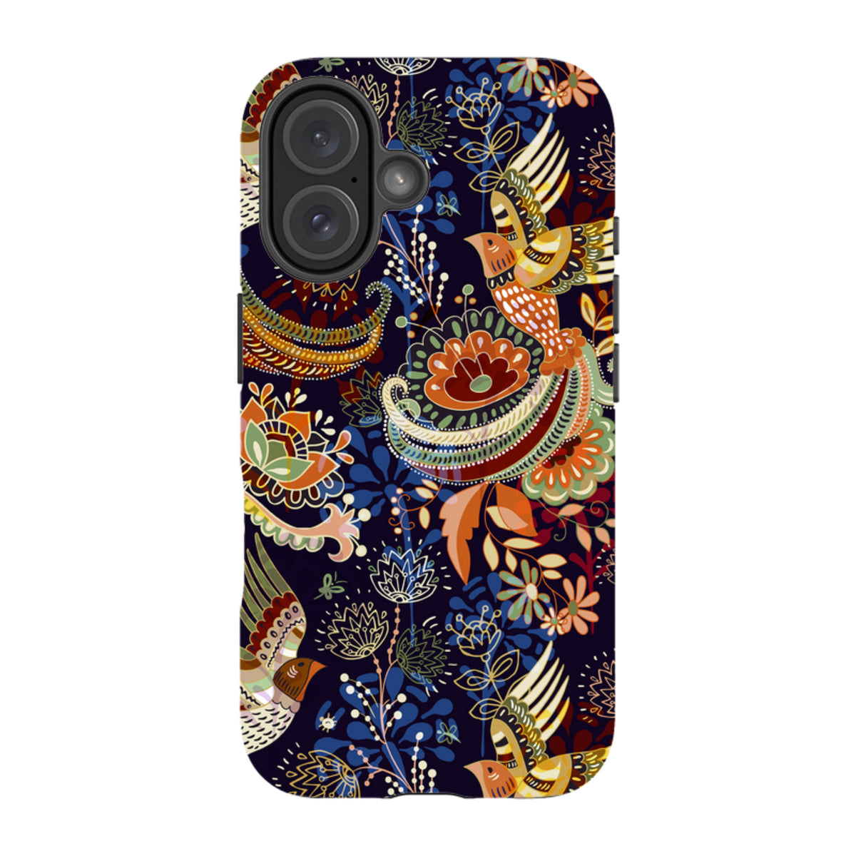 iPhone Tough Case in Peaslake design featuring a vibrant, multi-colored floral and bird pattern on a dark blue background.