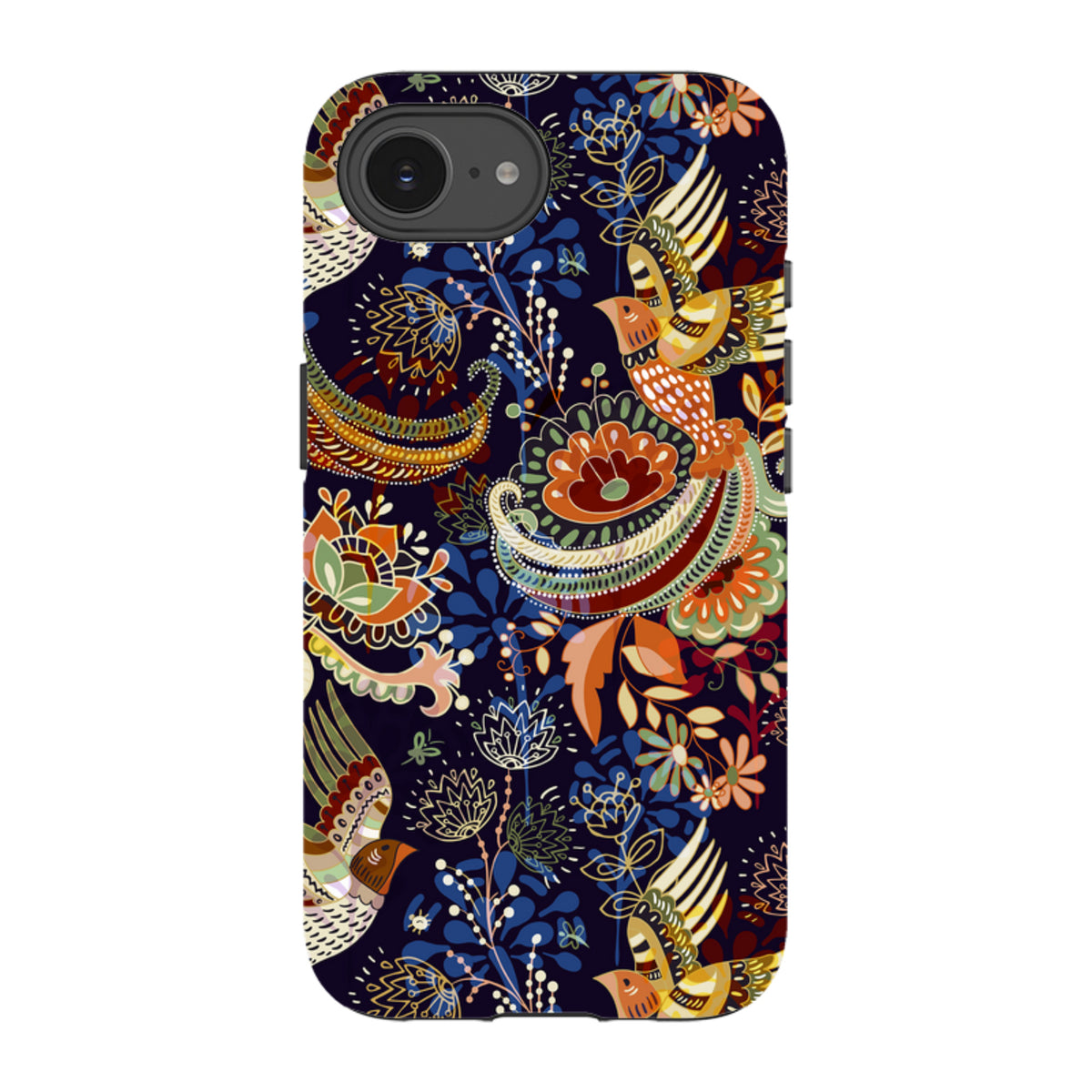 iPhone Tough Case in Peaslake design featuring a dark blue background with colorful folk-art birds and floral patterns.
