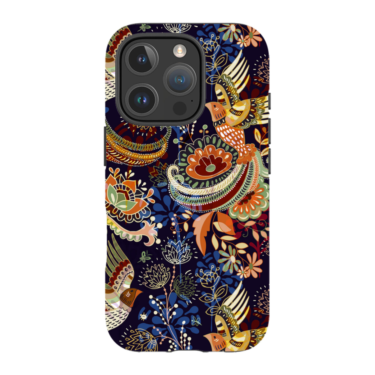 iPhone Tough Case in Peaslake design featuring a dark blue background with colorful birds and floral folk art patterns.