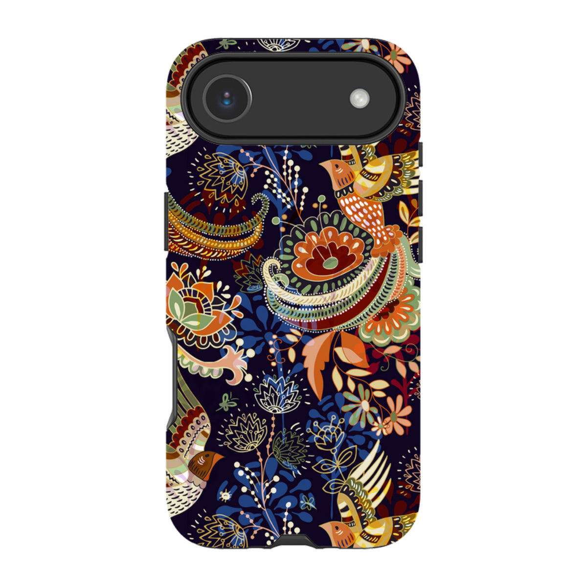 iPhone Tough Case in Peaslake design featuring a dark blue floral and bird pattern with vibrant orange and gold accents.