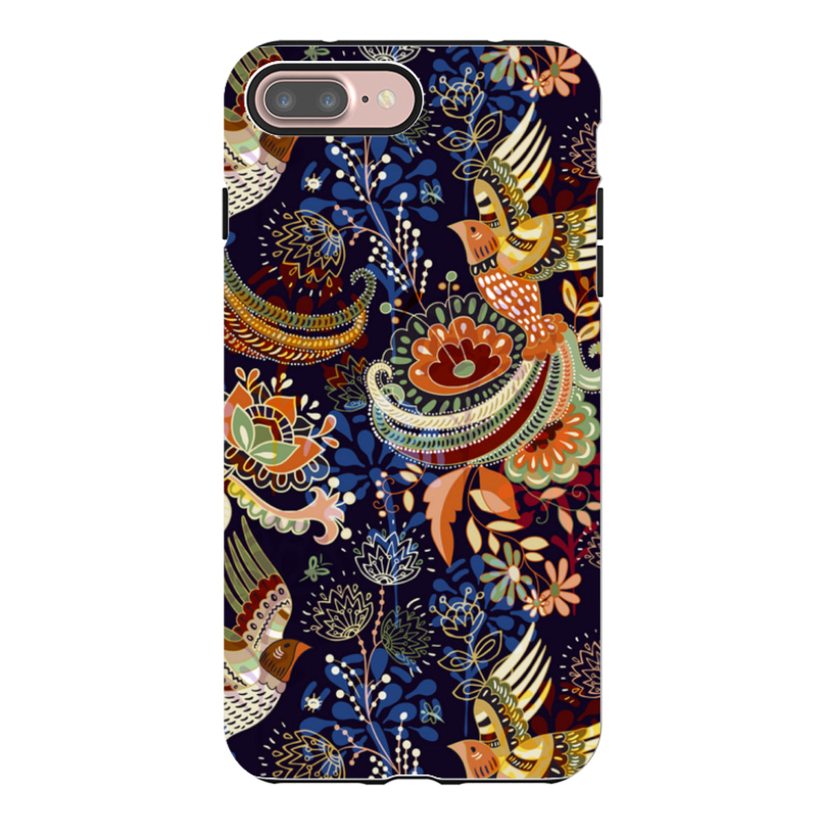 iPhone Tough Case in Peaslake design featuring colorful folk-art birds and floral patterns on a dark blue background.