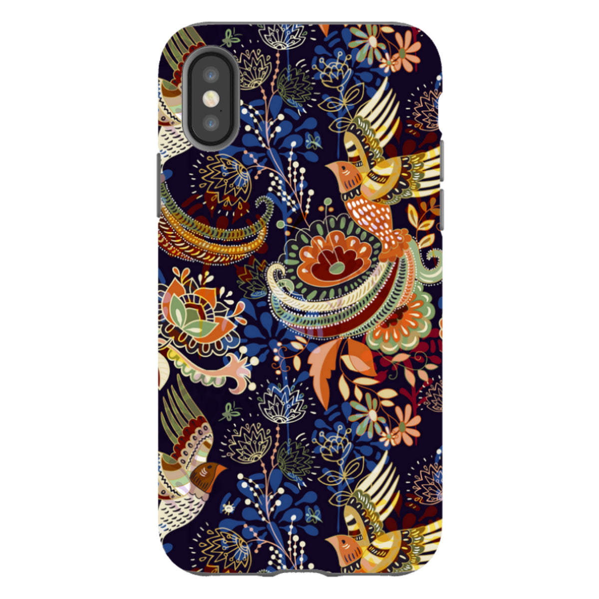 iPhone tough case with a dark blue background featuring colorful folk-art birds, flowers, and intricate botanical patterns.