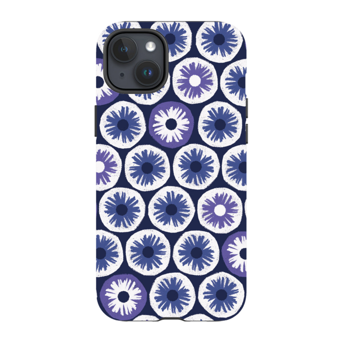 iPhone tough case featuring a blue and white floral Penny Flowers pattern by Ali Brookes with dual-layer protection.