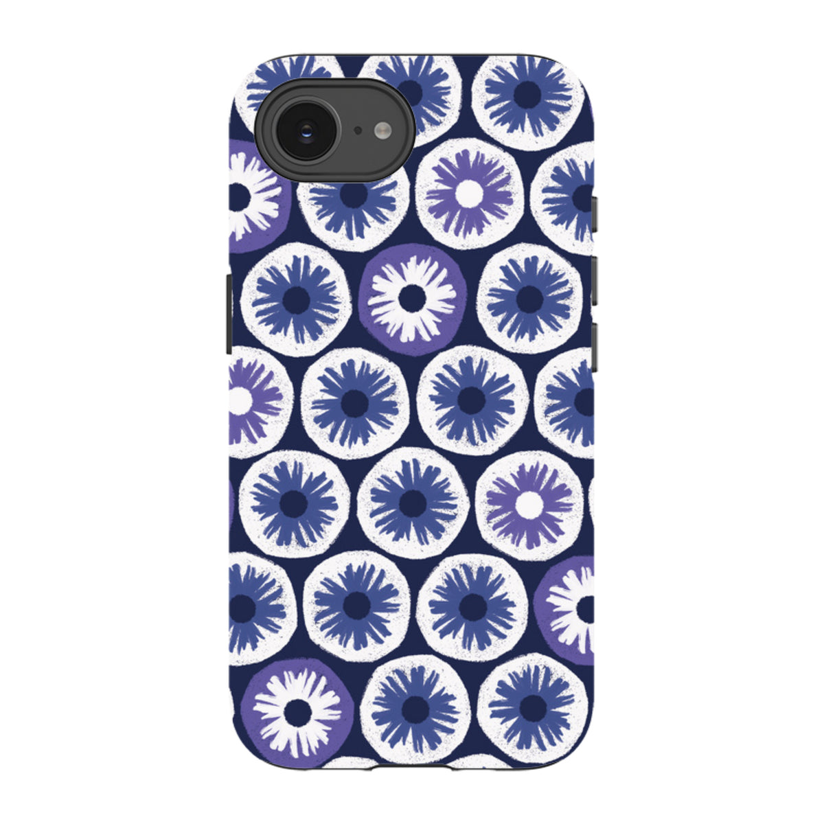 Dual-layer iPhone tough case featuring a blue and white Penny Flowers pattern by Ali Brookes on a dark background.