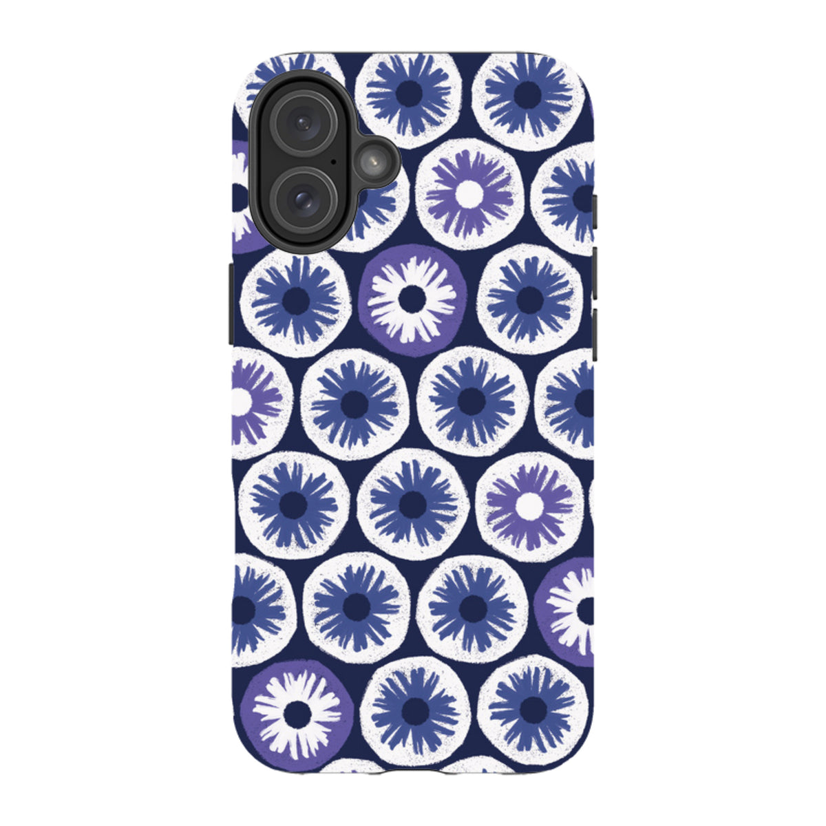 iPhone tough case with a blue and white floral Penny Flowers pattern by Ali Brookes and dual-layer protective shell.