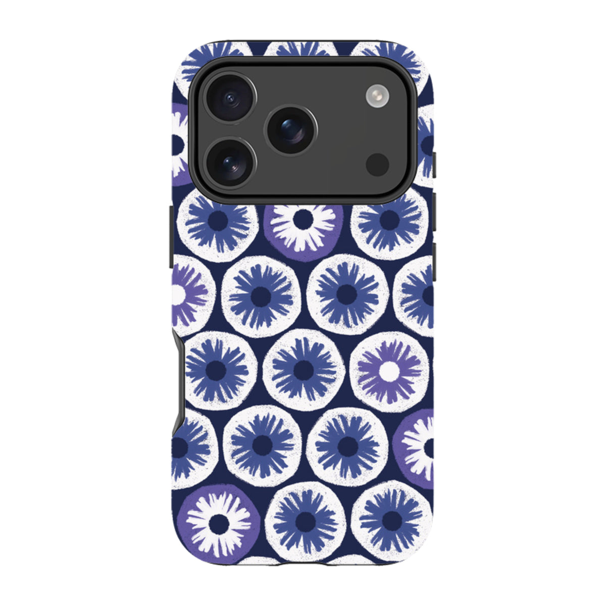 iPhone tough case featuring a blue and white Penny Flowers pattern by Ali Brookes with dual-layer protective design.