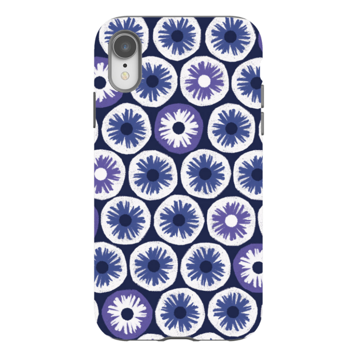 iPhone tough case with a blue and white floral penny pattern, featuring a dual-layer design and precise camera cut-out.