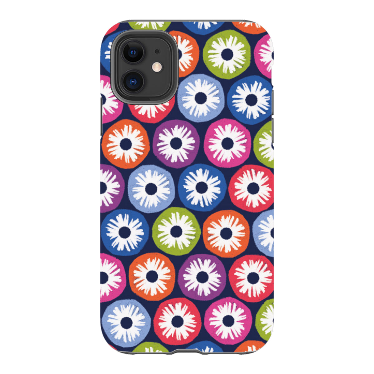 iPhone tough case featuring a dark blue background with a colorful, high-definition floral penny flower pattern.