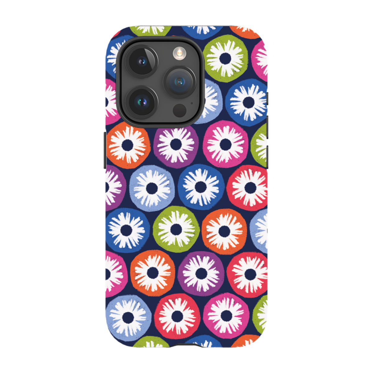 iPhone tough case featuring a dark blue background with colorful, stylized flower patterns by Ali Brookes.