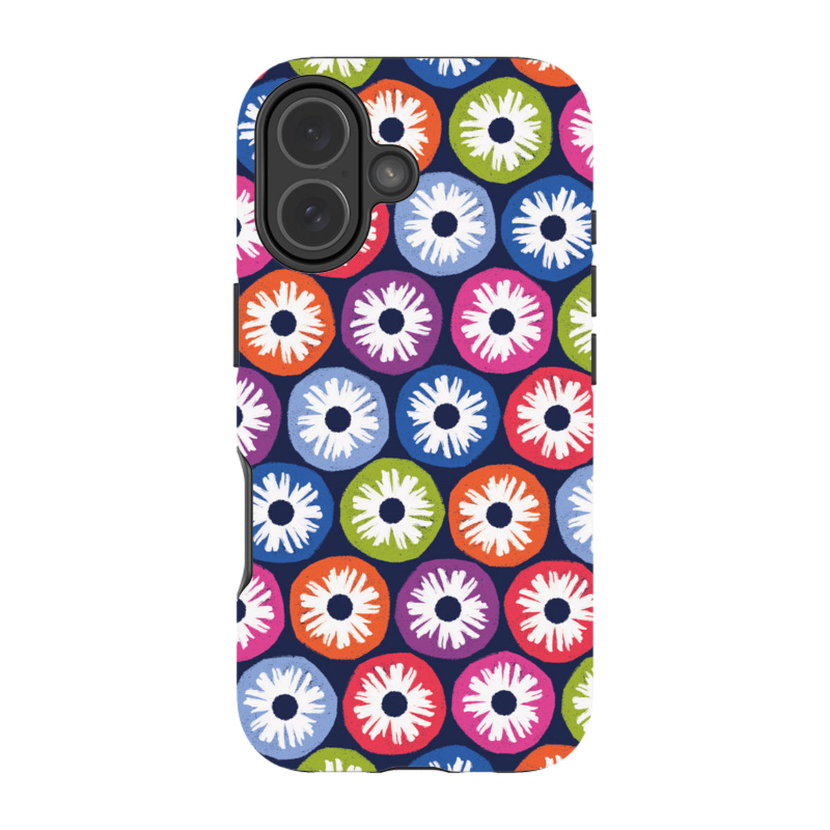 iPhone tough case with a dark blue background and colorful, patterned penny flower circles in orange, pink, green, and blue.