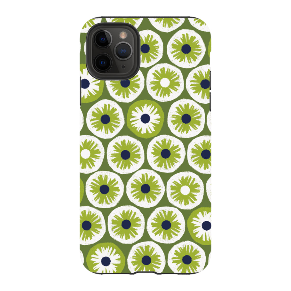 iPhone tough case featuring a green and white floral Penny Flowers pattern by Ali Brookes with dual-layer protection.