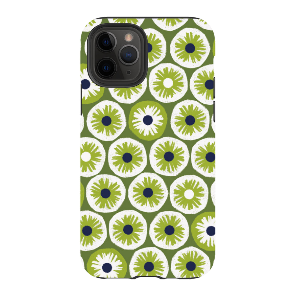 iPhone tough case featuring a green, white, and navy blue floral pattern by Ali Brookes with dual-layer protection.