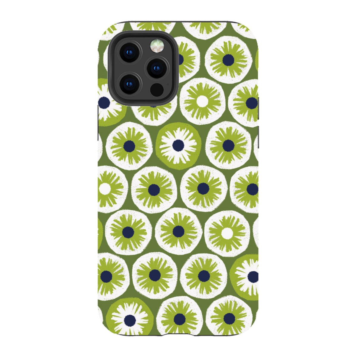 iPhone tough case featuring a green, white, and navy blue floral pattern by Ali Brookes with a protective dual-layer design.