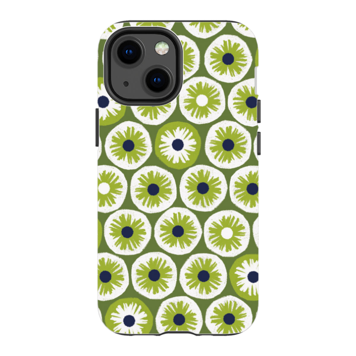 iPhone tough case featuring a green and white Penny Flowers pattern by Ali Brookes with a dual-layer protective design.