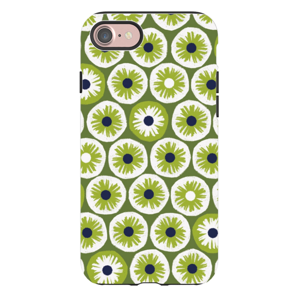 iPhone tough case with a green and white Penny Flowers pattern by Ali Brookes, featuring a dual-layer protective design.