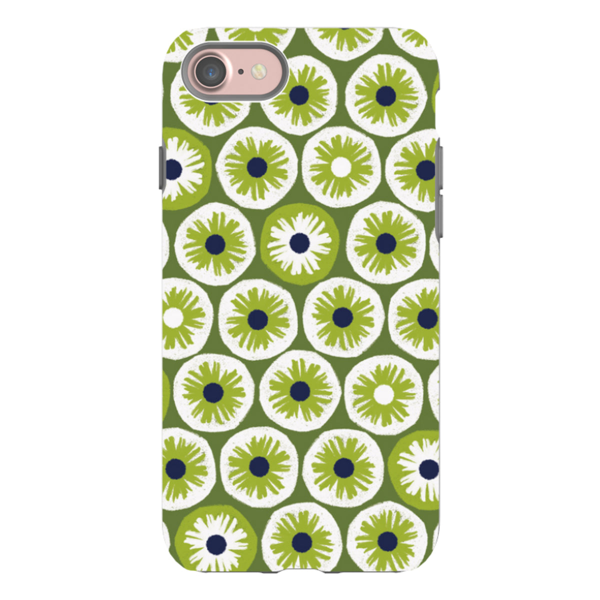 iPhone tough case featuring a green, white, and navy floral penny pattern with a durable dual-layer protective shell.