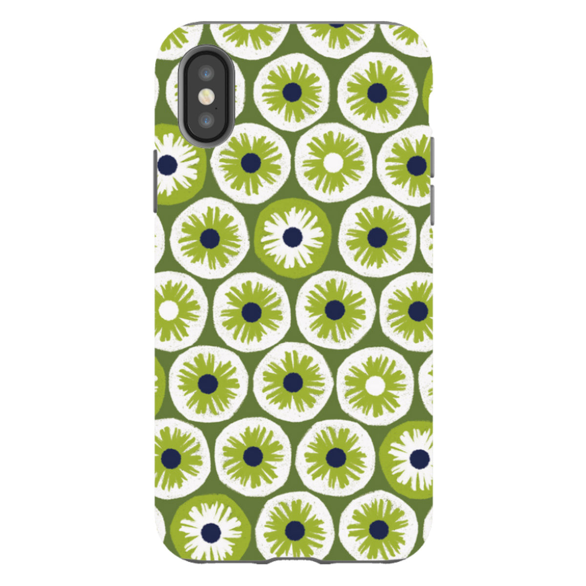 iPhone tough case with a green, white, and navy blue floral penny pattern by Ali Brookes, featuring dual-layer protection.