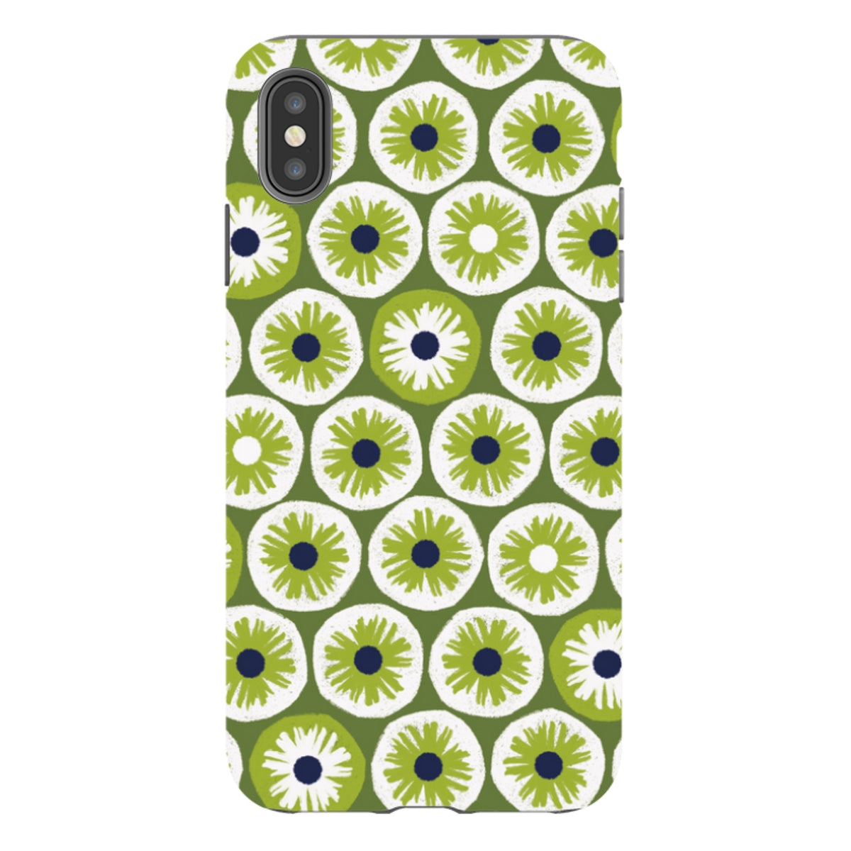 iPhone tough case featuring a green and white Penny Flowers pattern by Ali Brookes with a dual-layer protective shell.
