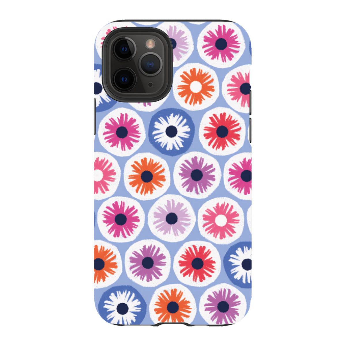 iPhone tough case with a light blue background and colorful, abstract circular flower pattern by Ali Brookes.