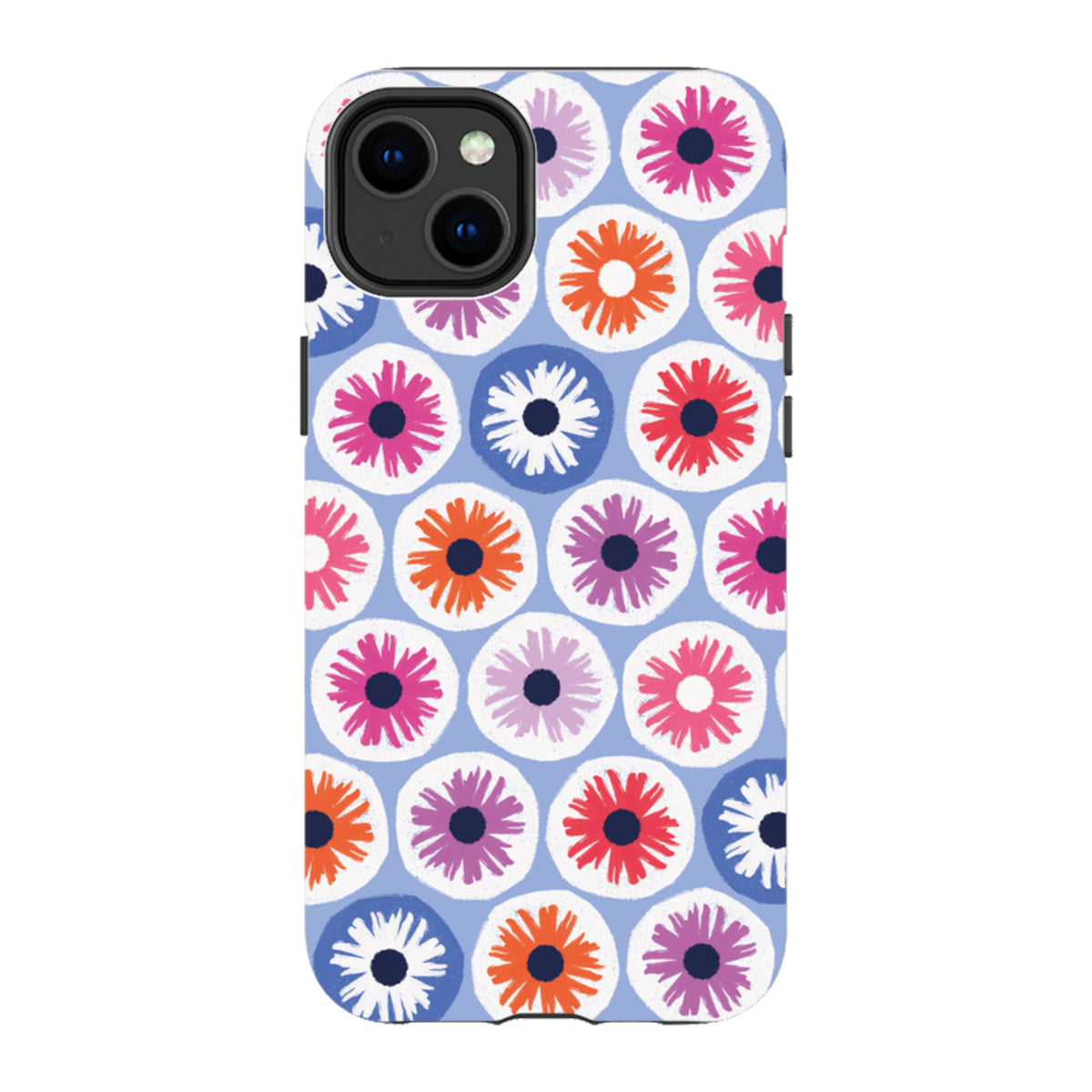 iPhone tough case with a light blue background and a colorful, repeating penny flower pattern by Ali Brookes.