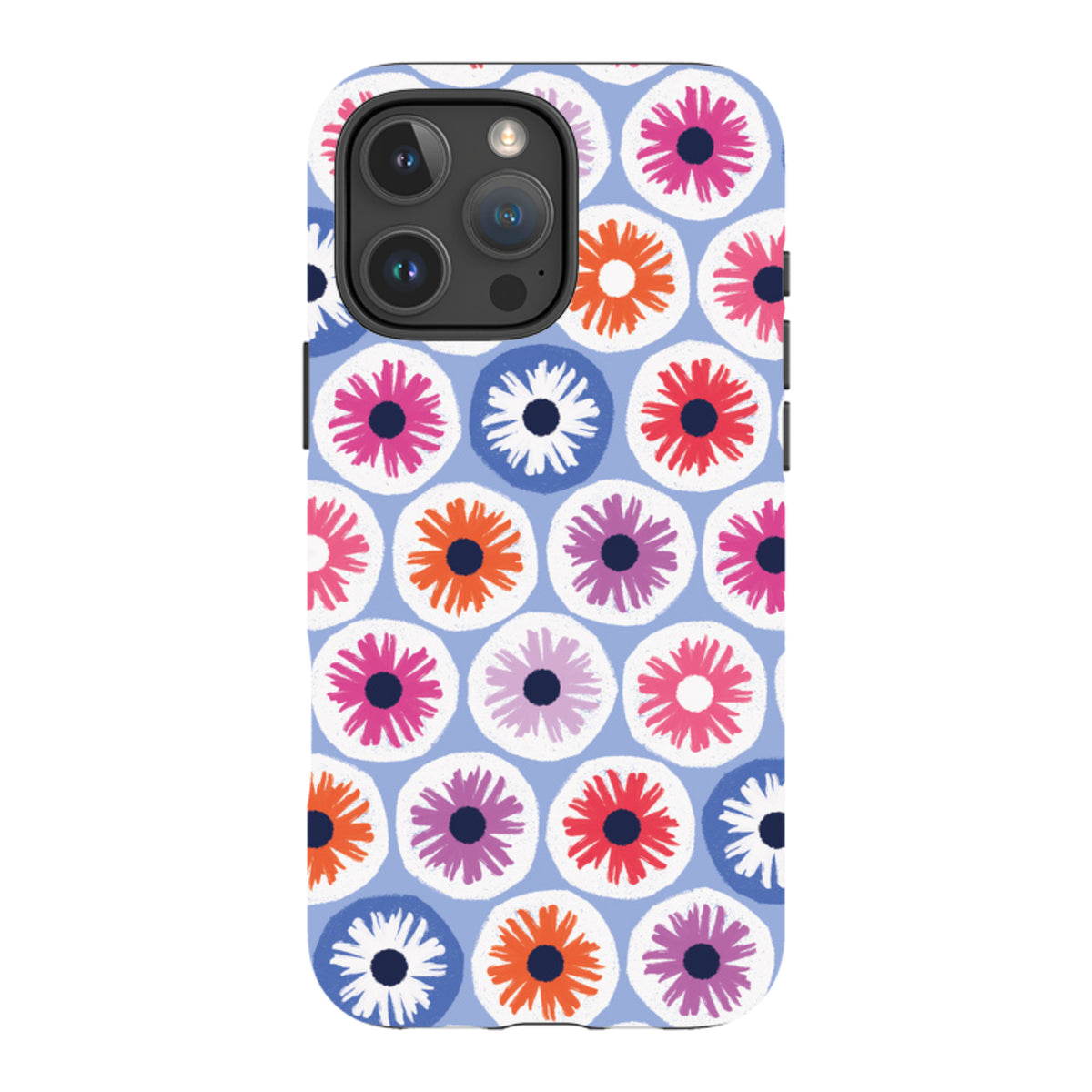 Dual-layer iPhone tough case featuring a light blue background with a vibrant, multi-colored penny flower floral pattern.