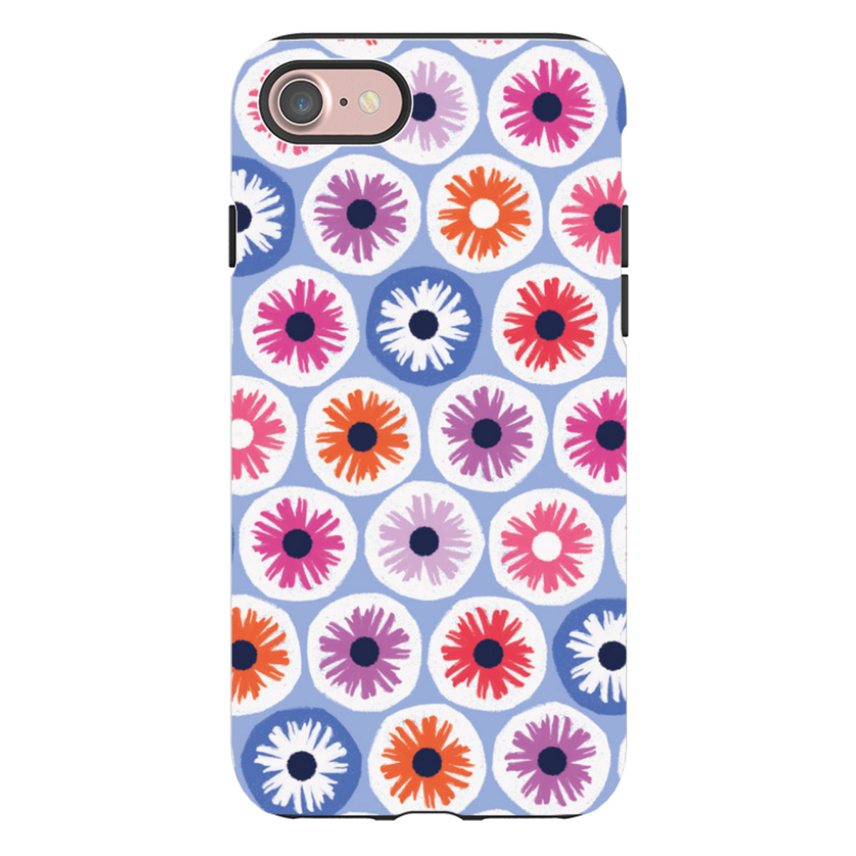 iPhone tough case featuring a light blue background with a colorful, repeating penny flower pattern.
