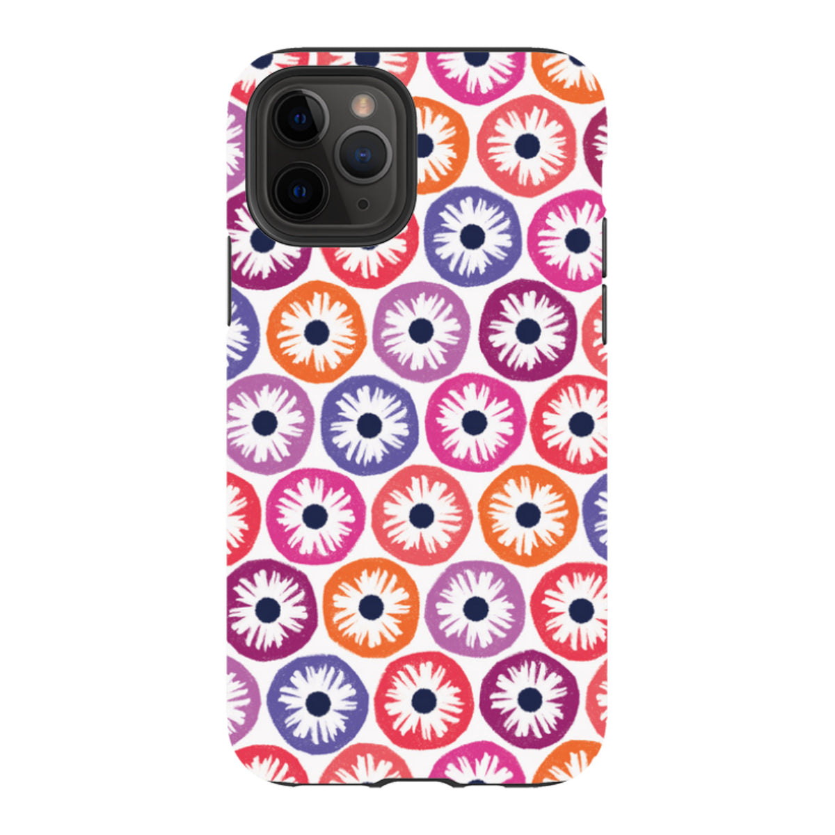 iPhone tough case featuring a vibrant, colorful floral pattern of orange, pink, and purple circles on a white background.