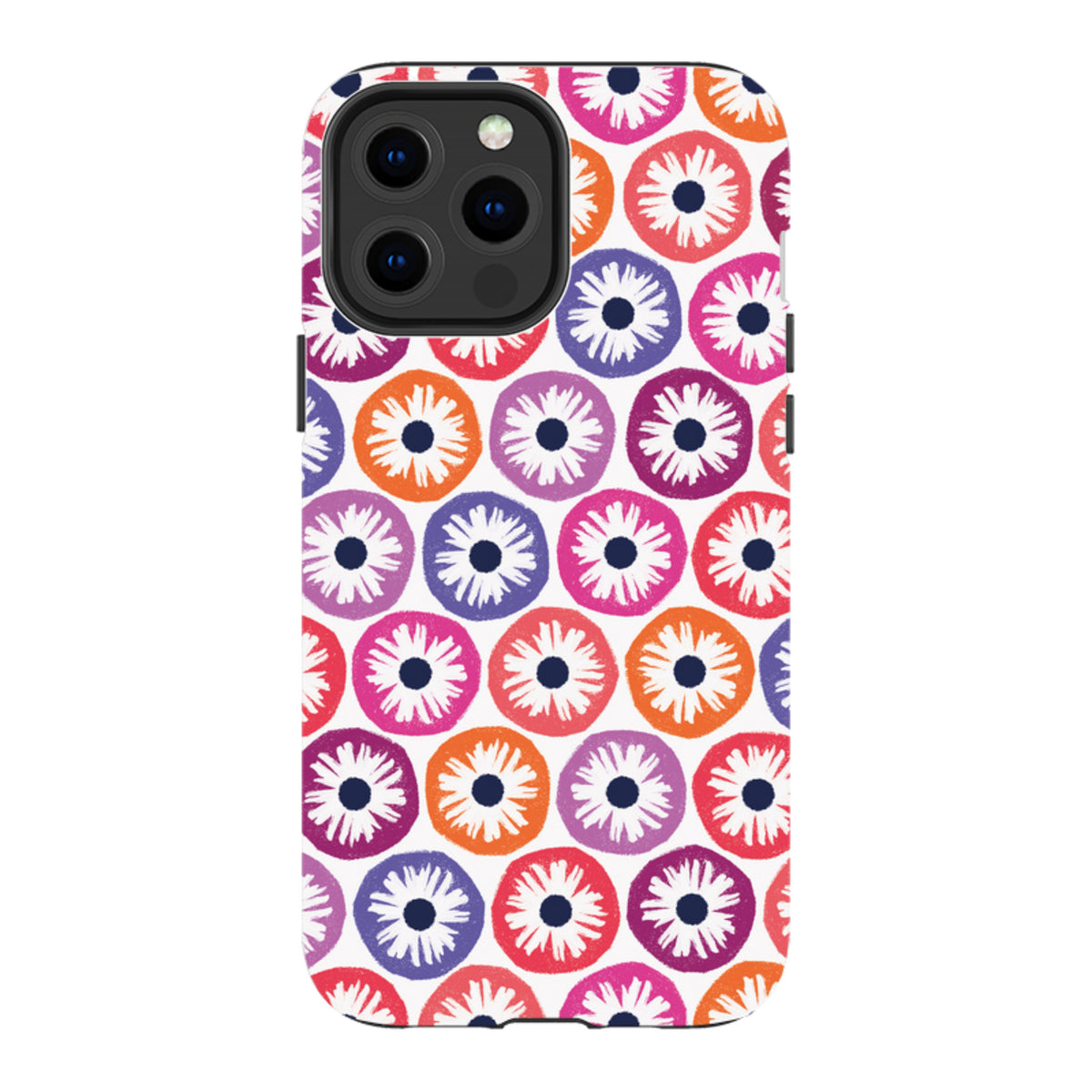 iPhone Tough Case featuring a colorful Penny Flowers pattern in pink, orange, and purple on a durable dual-layer shell.