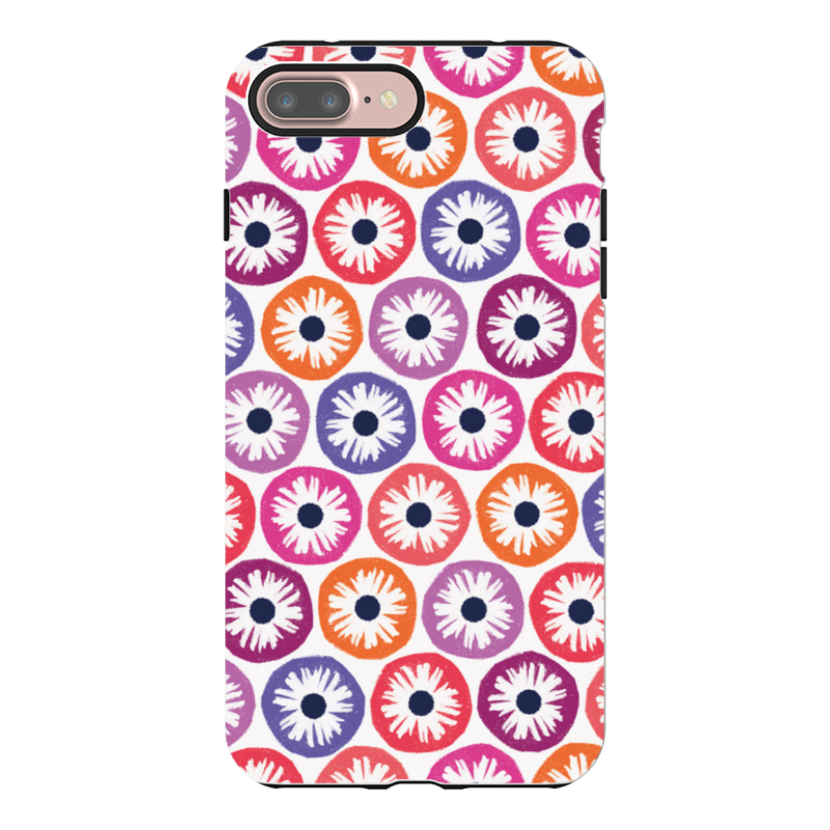 Dual-layer iPhone tough case featuring a vibrant, multicolored floral penny pattern on a white background.